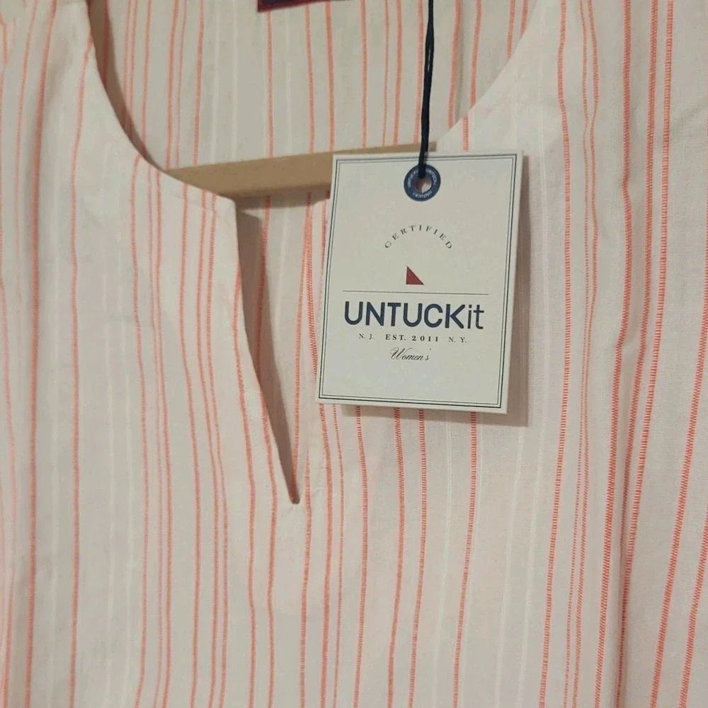 UNTUCKit Durfort Tunic Top Womens 4 White Coral Striped‎ Cotton Split Neck NWT